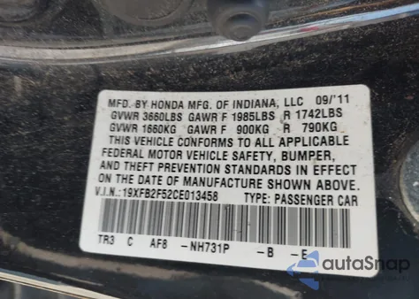 2012 Honda Civic Lx from USA, damaged, VIN 19XFB2F52CE013458